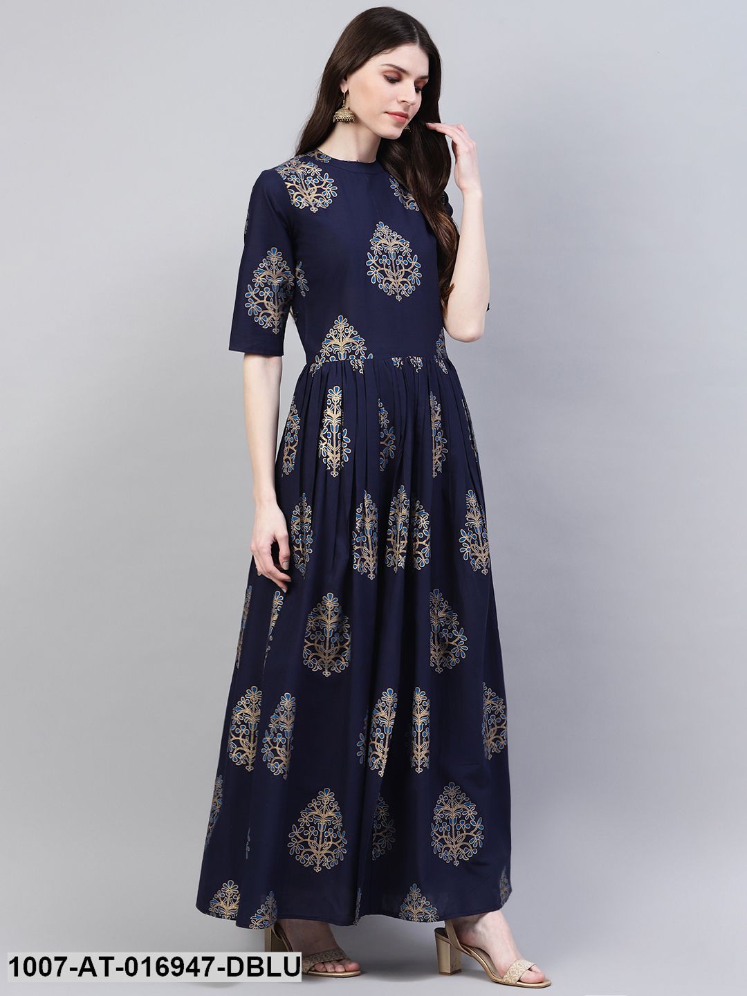 Gold Print Cotton Front Slit Kurta (Dark Blue) (Pre-Order)
