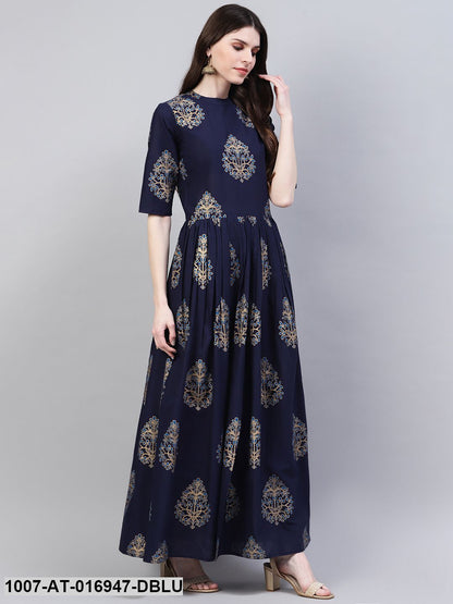 Gold Print Cotton Front Slit Kurta (Dark Blue) (Pre-Order)