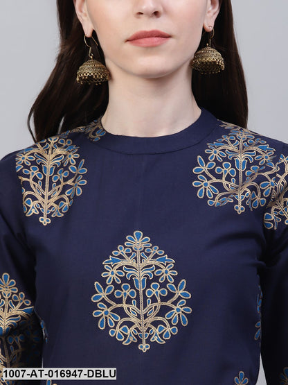 Gold Print Cotton Front Slit Kurta (Dark Blue) (Pre-Order)