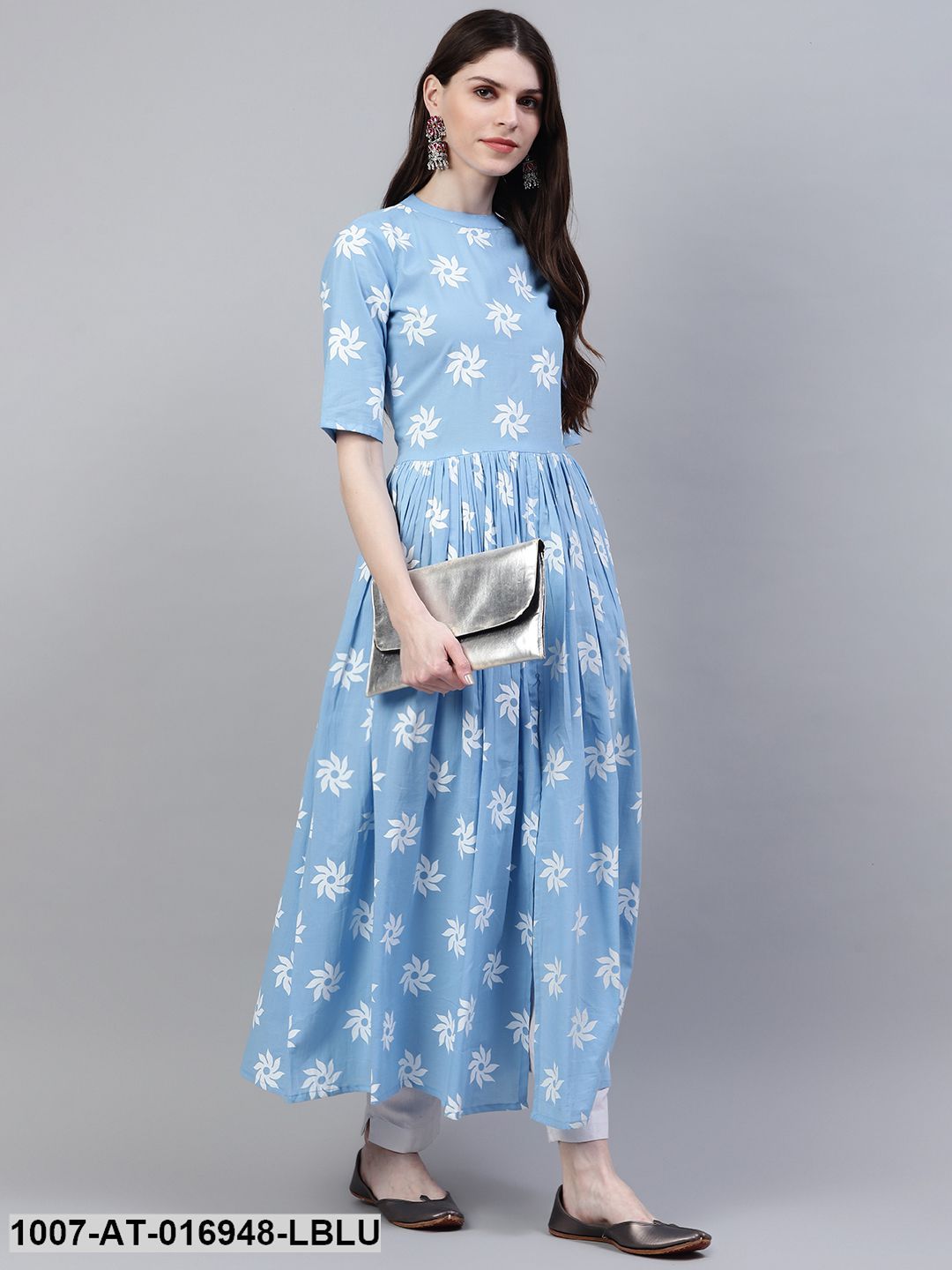 Printed Cotton Front Slit Kurta (Light Blue) (Pre-Order)