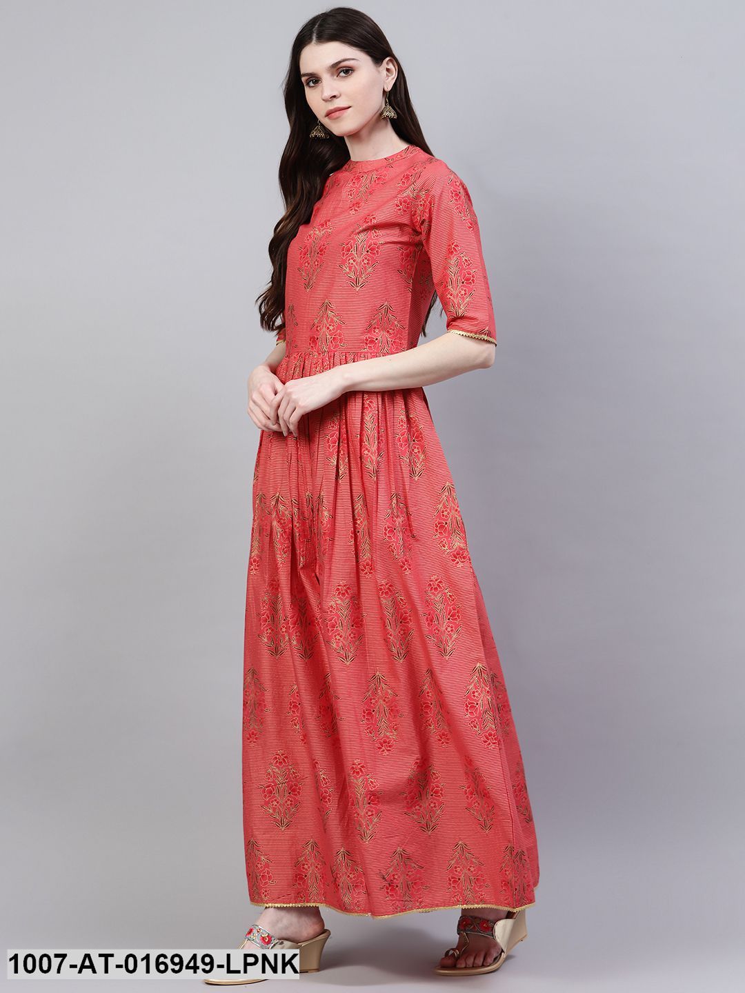 Floral Print Cotton Front Slit Kurta (Peach) (Pre-Order)