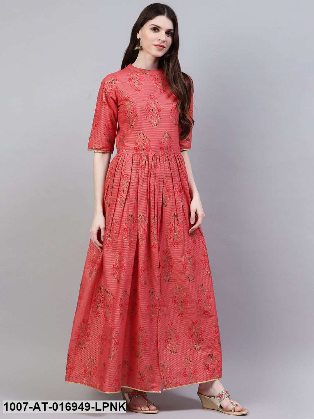 Floral Print Cotton Front Slit Kurta (Peach) (Pre-Order)