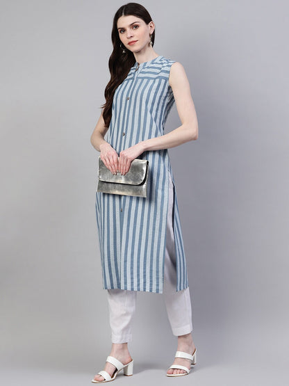 Striped Cotton Straight Kurta (Grey) (Pre-Order)