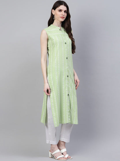 Striped Rayon Straight Kurta (Light Green) (Pre-Order)