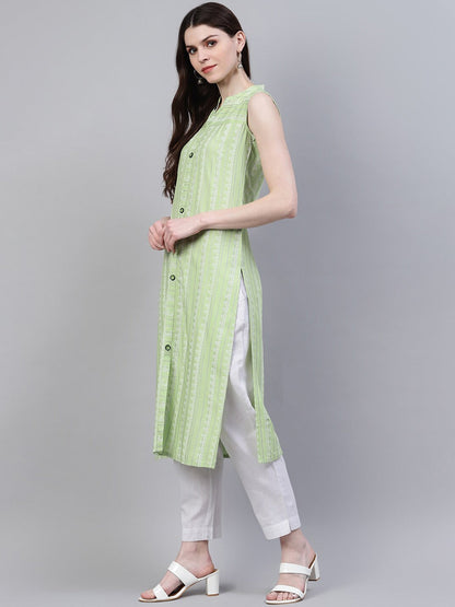 Striped Rayon Straight Kurta (Light Green) (Pre-Order)