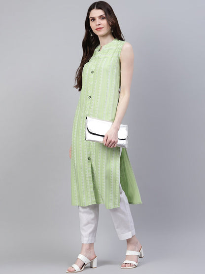 Striped Rayon Straight Kurta (Light Green) (Pre-Order)