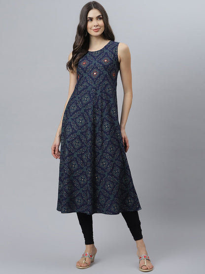 Bandhani Print Rayon Flared Kurta (Dark Blue) (Pre-Order)