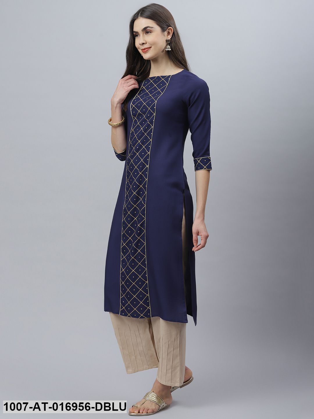 Checkered Rayon Straight Kurta (Dark Blue) (Pre-Order)