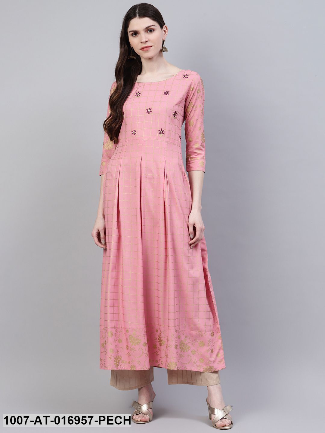 Checkered Rayon Flared Kurta (Peach) (Pre-Order)
