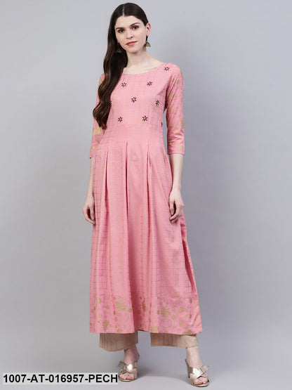 Checkered Rayon Flared Kurta (Peach) (Pre-Order)