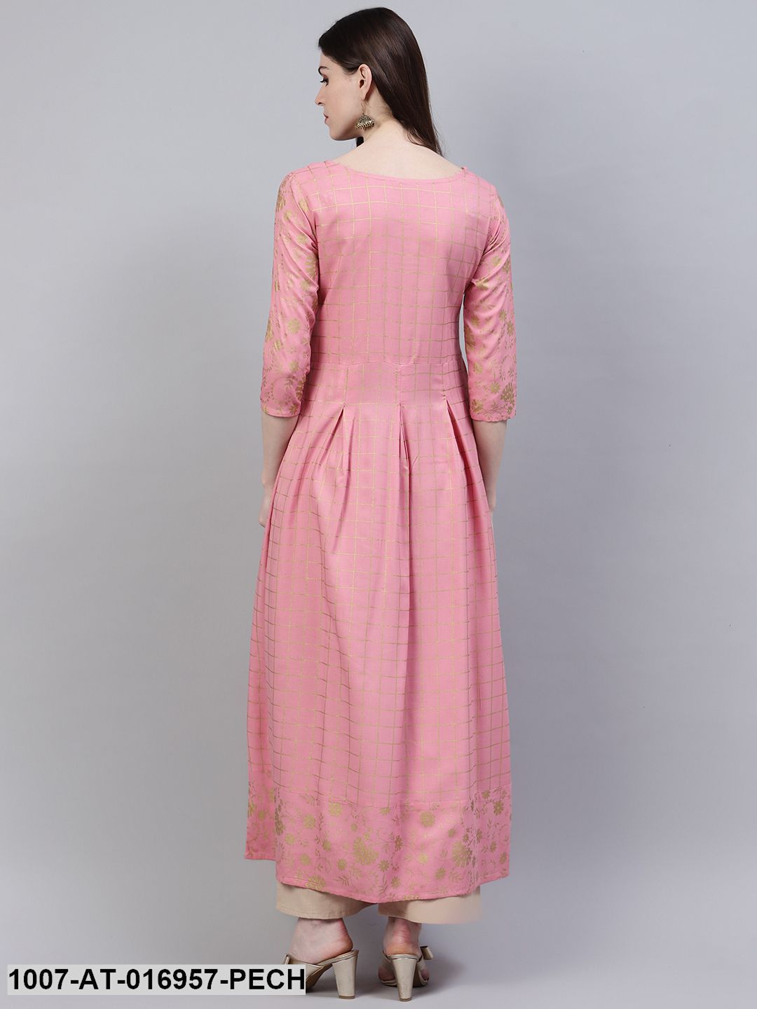 Checkered Rayon Flared Kurta (Peach) (Pre-Order)