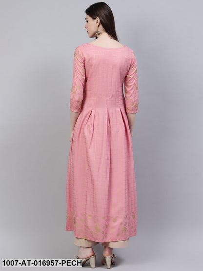 Checkered Rayon Flared Kurta (Peach) (Pre-Order)