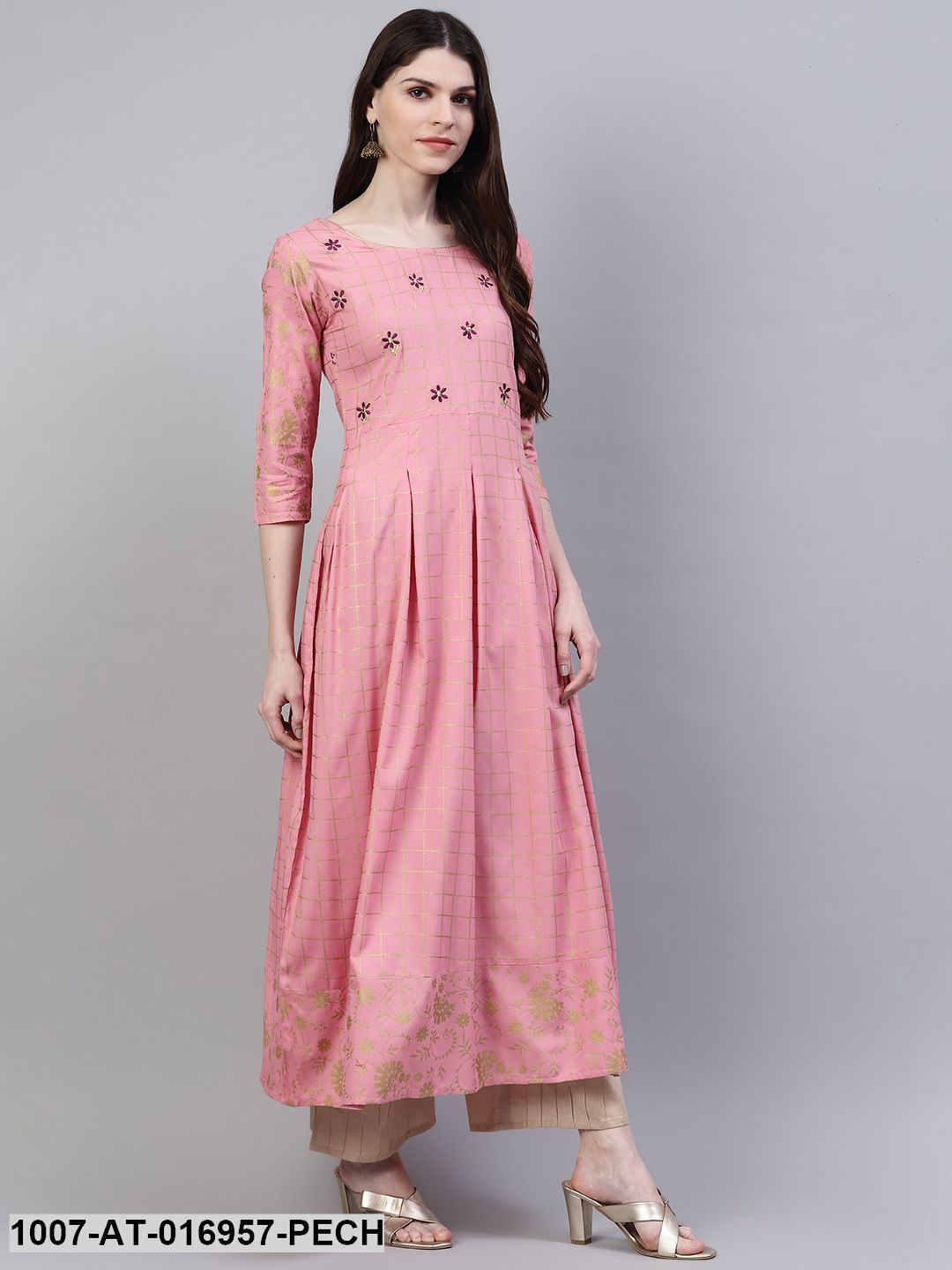 Checkered Rayon Flared Kurta (Peach) (Pre-Order)