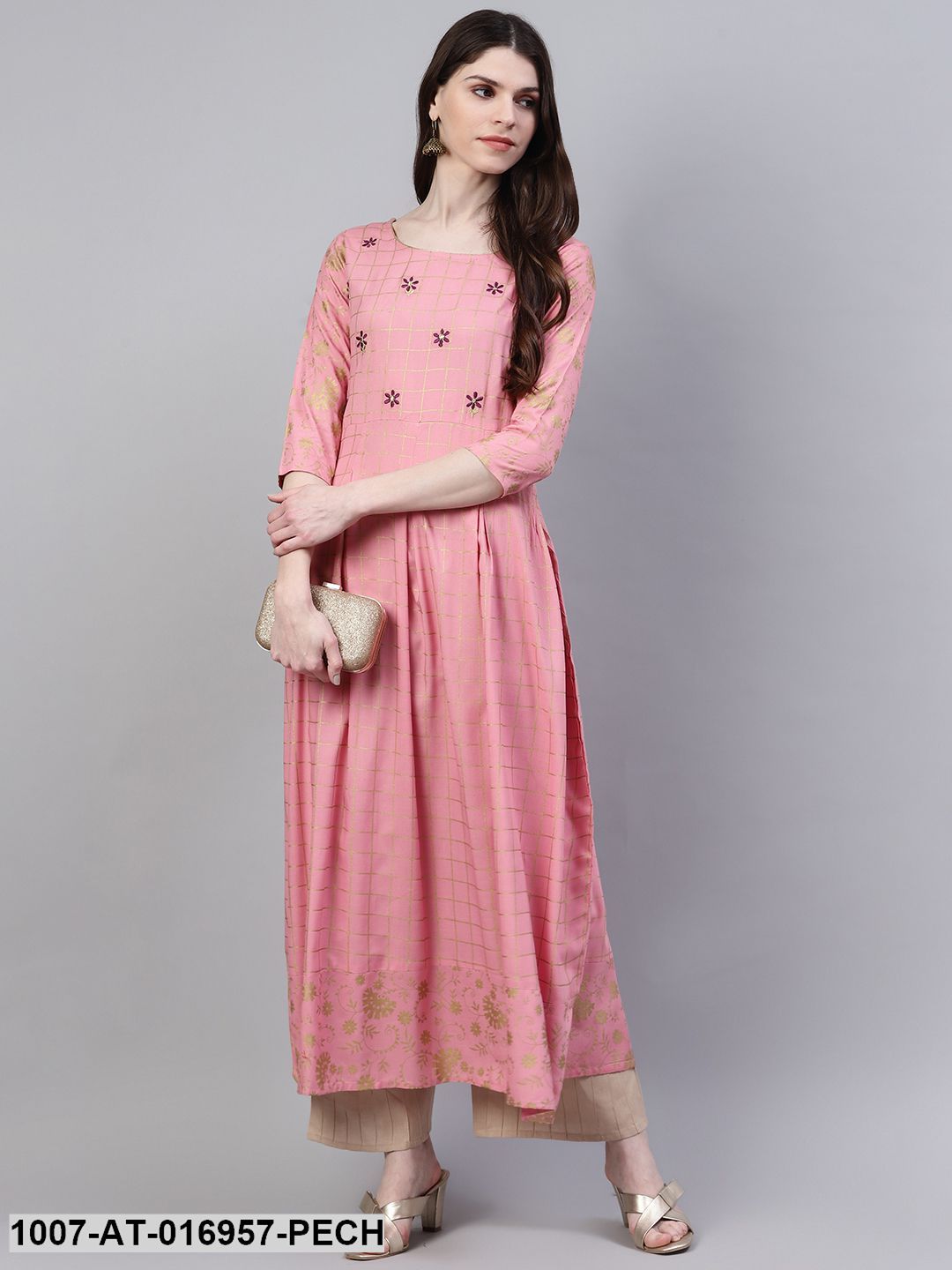 Checkered Rayon Flared Kurta (Peach) (Pre-Order)