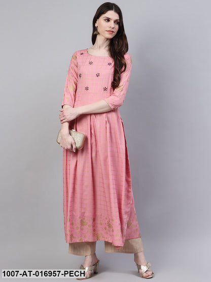 Checkered Rayon Flared Kurta (Peach) (Pre-Order)