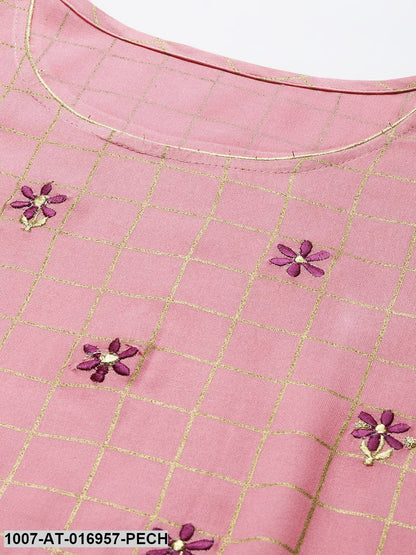 Checkered Rayon Flared Kurta (Peach) (Pre-Order)