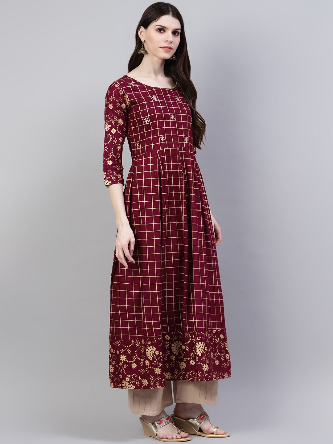 Checkered Rayon Flared Kurta (Wine) (Pre-Order)