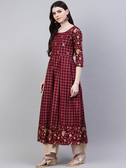 Checkered Rayon Flared Kurta (Wine) (Pre-Order)