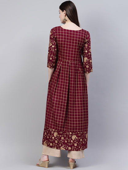 Checkered Rayon Flared Kurta (Wine) (Pre-Order)