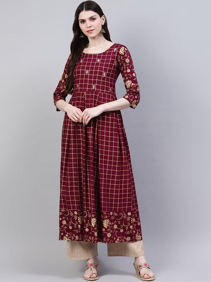 Checkered Rayon Flared Kurta (Wine) (Pre-Order)