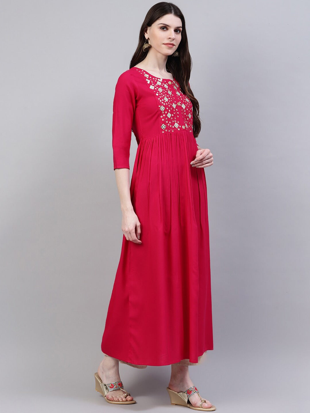Women's Embroidered Rayon Flared Kurta (Pink) (Pre-Order)