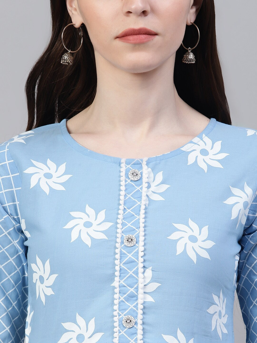 Women's Printed Cotton Flared Kurta (Light Blue) (Pre-Order)