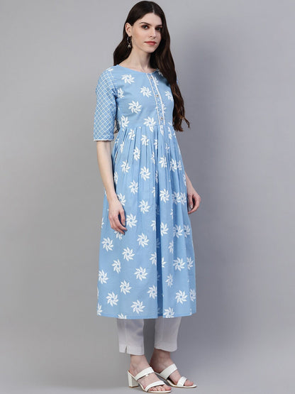 Women's Printed Cotton Flared Kurta (Light Blue) (Pre-Order)