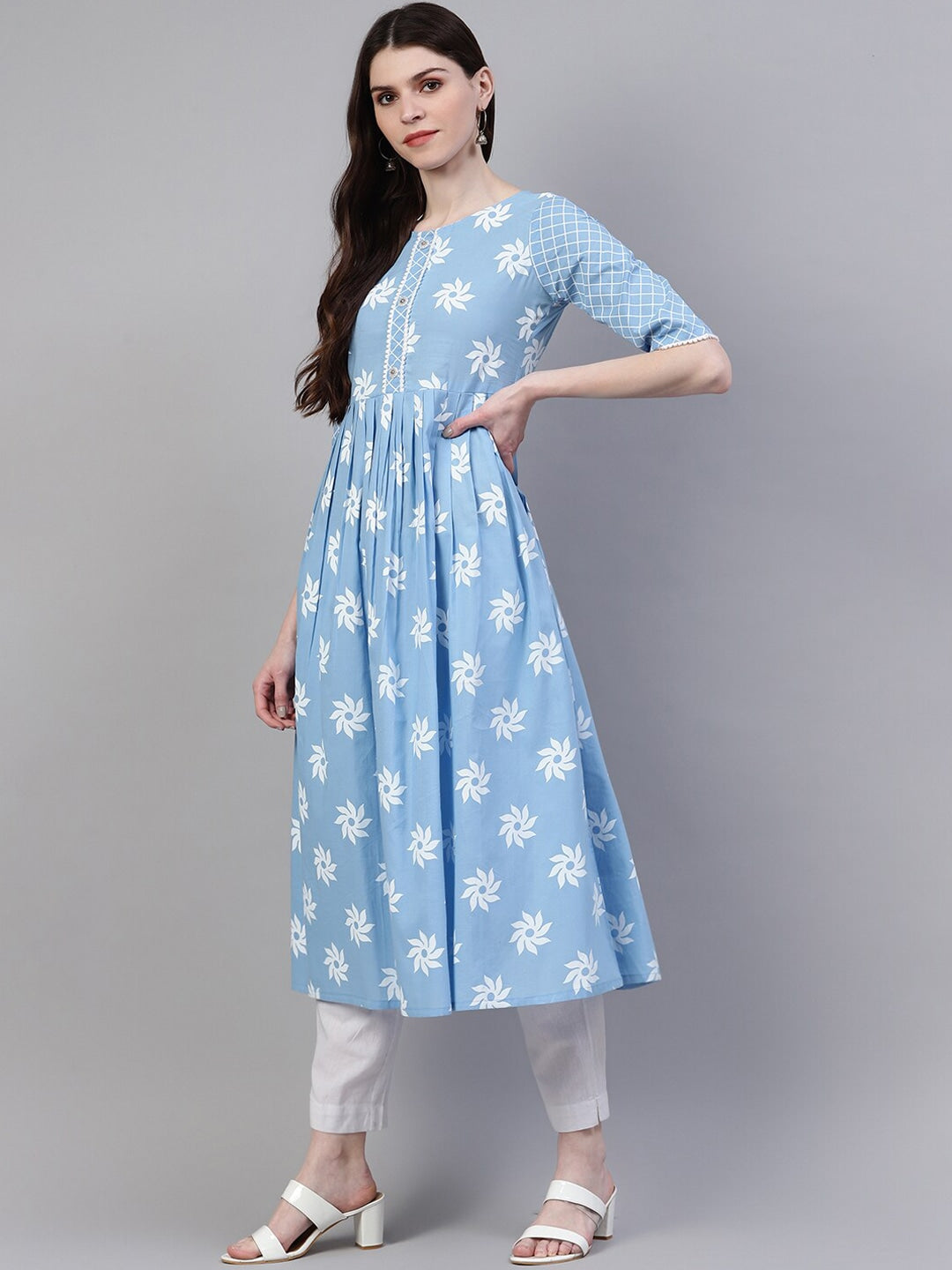 Women's Printed Cotton Flared Kurta (Light Blue) (Pre-Order)