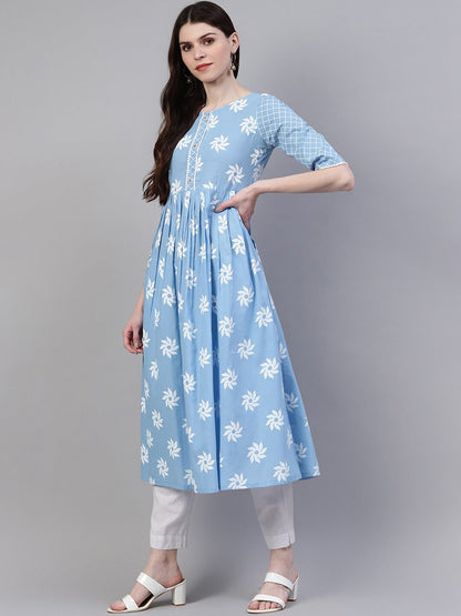 Women's Printed Cotton Flared Kurta (Light Blue) (Pre-Order)
