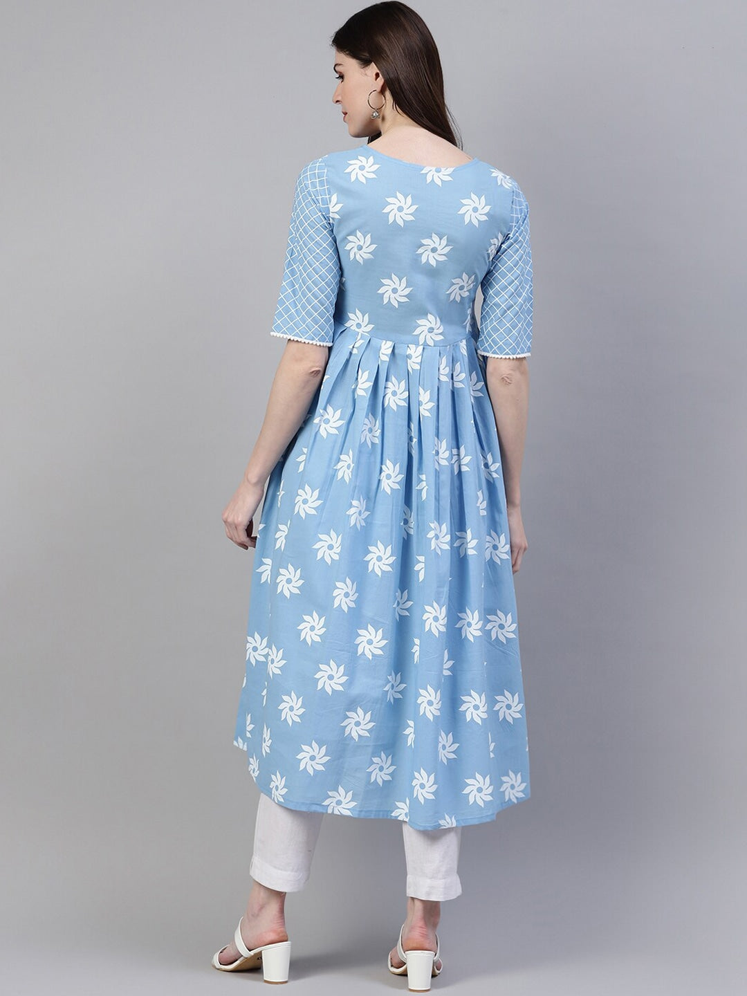 Women's Printed Cotton Flared Kurta (Light Blue) (Pre-Order)