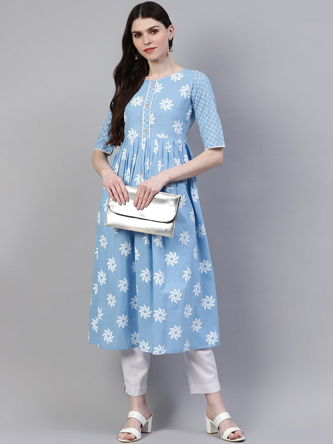 Women's Printed Cotton Flared Kurta (Light Blue) (Pre-Order)
