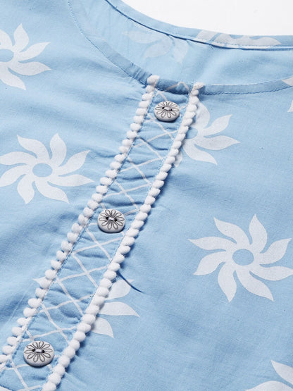 Women's Printed Cotton Flared Kurta (Light Blue) (Pre-Order)