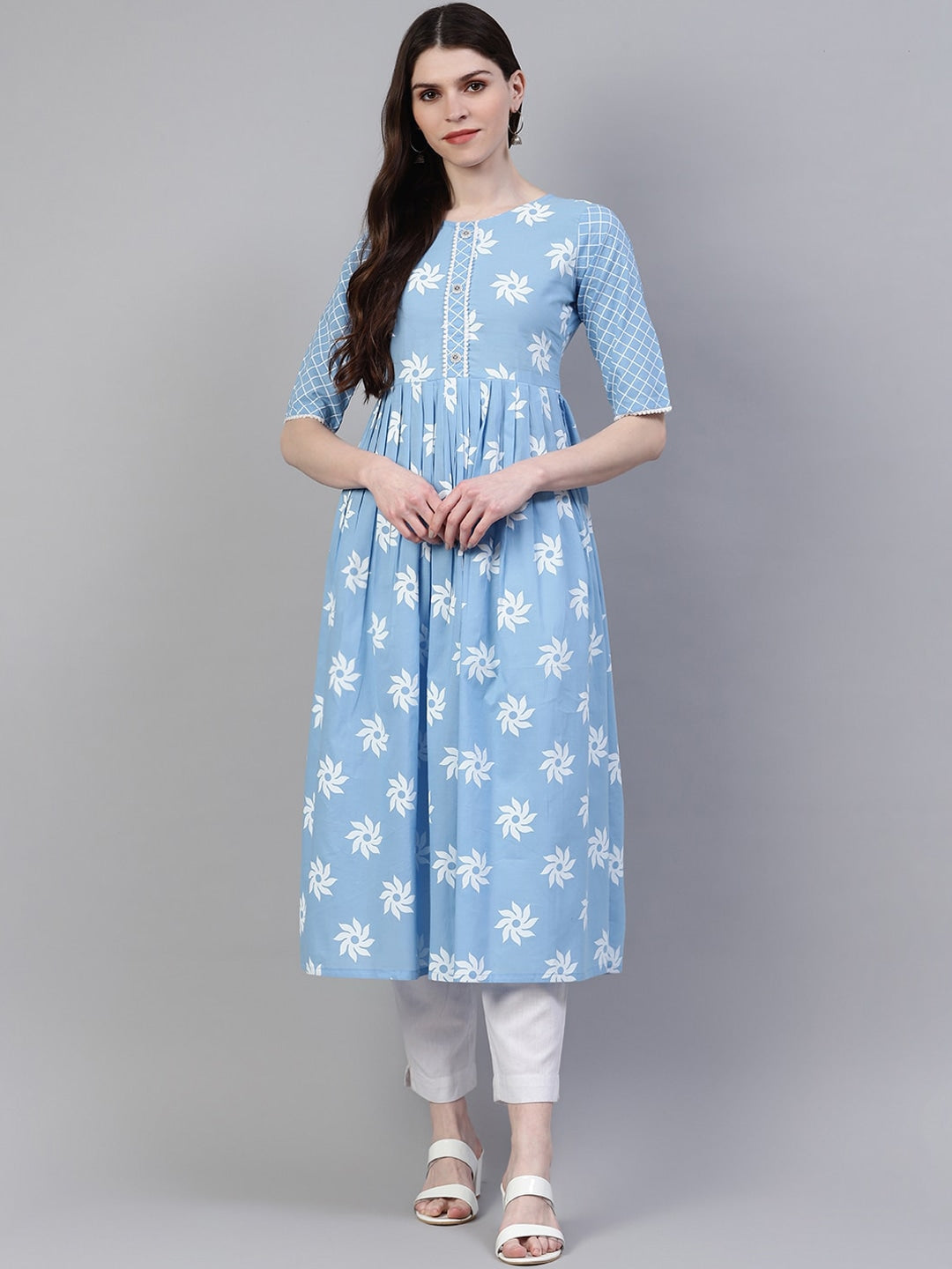 Women's Printed Cotton Flared Kurta (Light Blue) (Pre-Order)