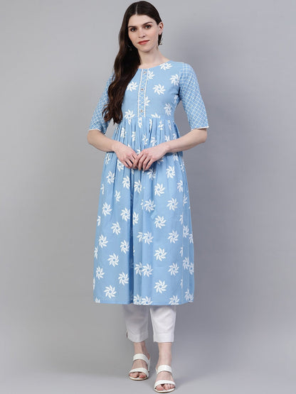 Women's Printed Cotton Flared Kurta (Light Blue) (Pre-Order)