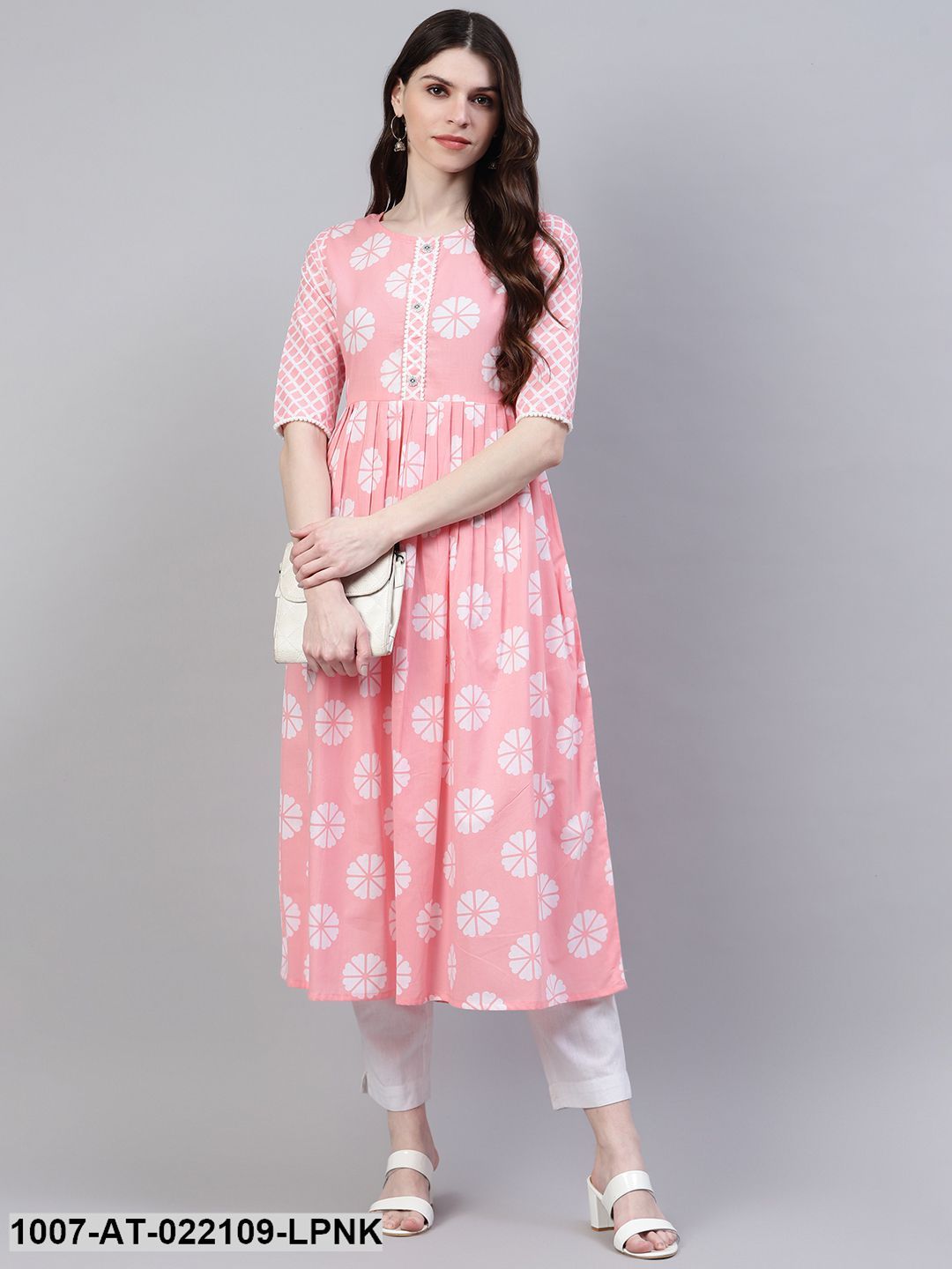 Women's Printed Cotton Flared Kurta (Light Pink) (Pre-Order)