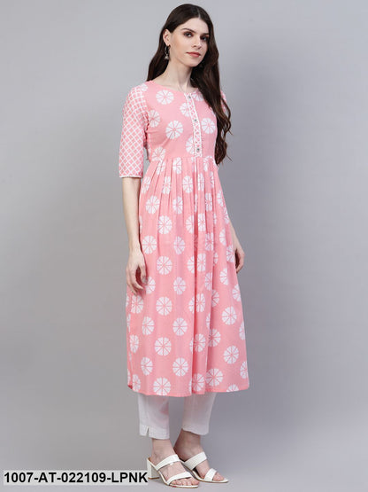 Women's Printed Cotton Flared Kurta (Light Pink) (Pre-Order)