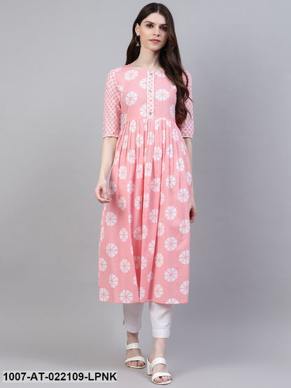 Women's Printed Cotton Flared Kurta (Light Pink) (Pre-Order)