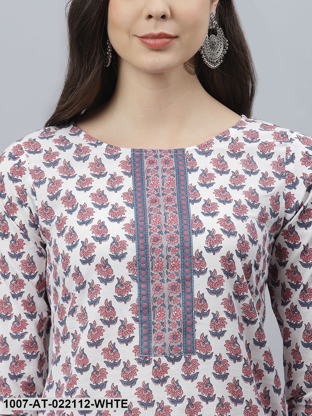 Women's Floral Print Cotton Straight Kurta (White) (Pre-Order)