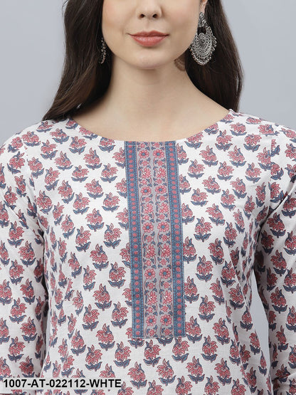 Women's Floral Print Cotton Straight Kurta (White) (Pre-Order)