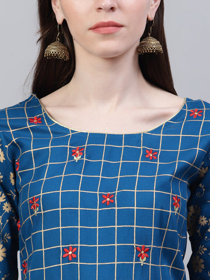 Women's Checkered Rayon Flared Kurta (Teal Blue) (Pre-Order)