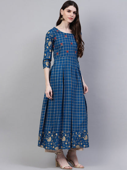 Women's Checkered Rayon Flared Kurta (Teal Blue) (Pre-Order)