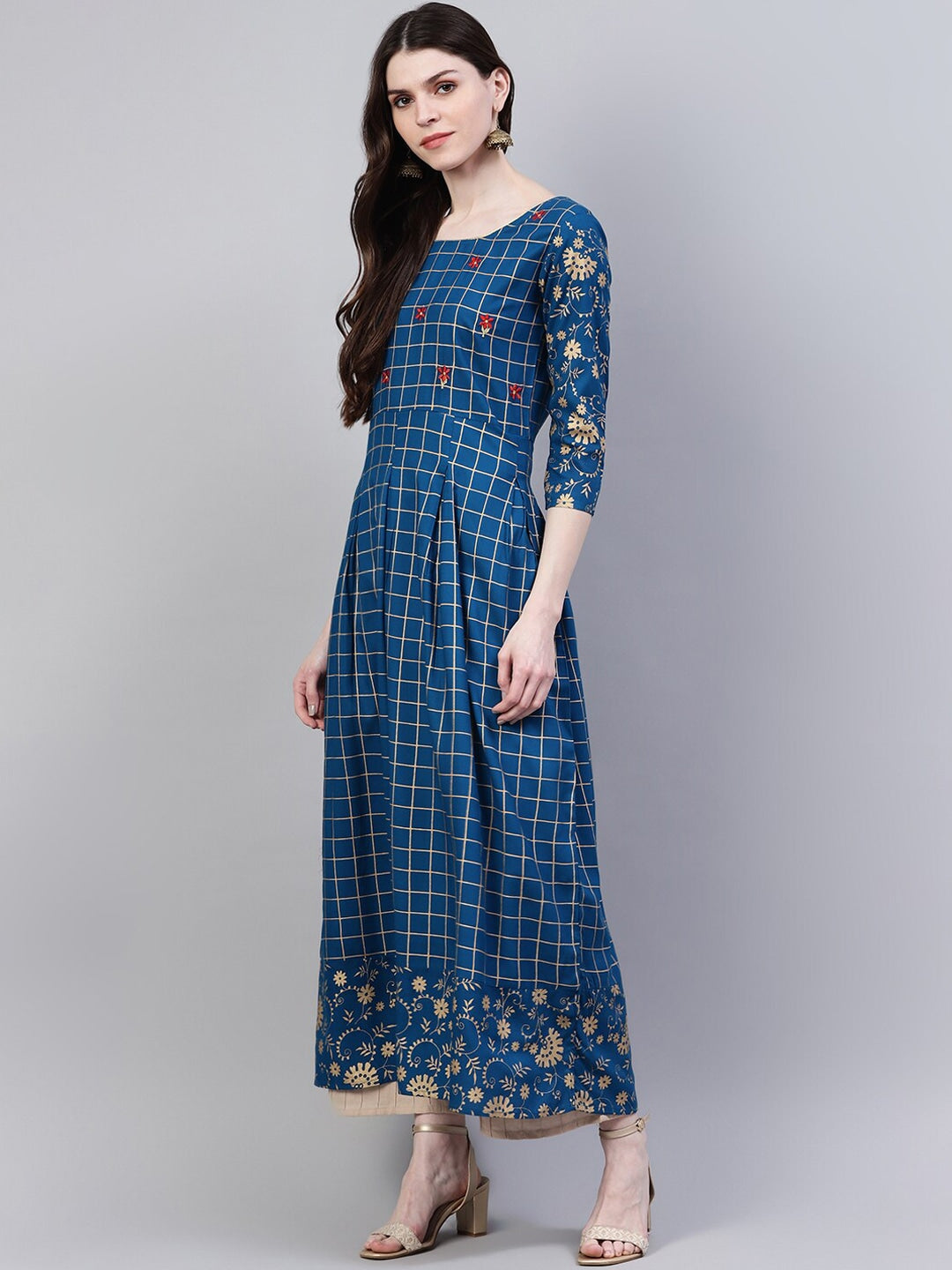 Women's Checkered Rayon Flared Kurta (Teal Blue) (Pre-Order)