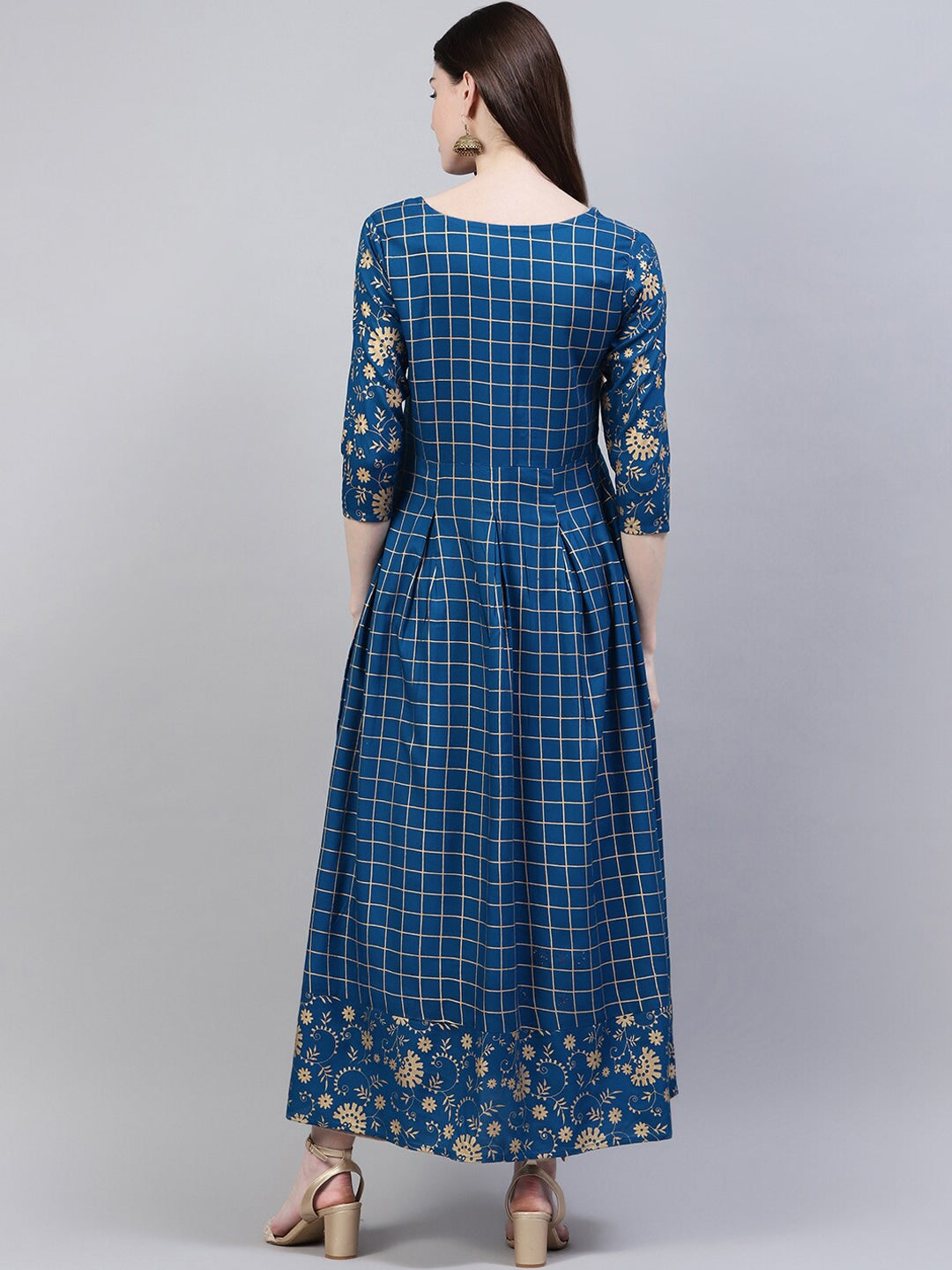 Women's Checkered Rayon Flared Kurta (Teal Blue) (Pre-Order)
