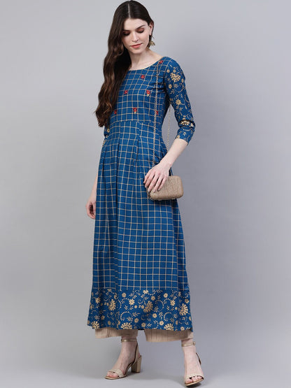 Women's Checkered Rayon Flared Kurta (Teal Blue) (Pre-Order)