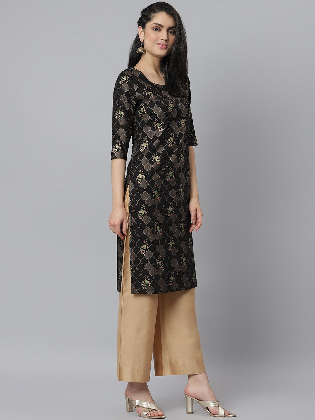 Women's Gold Print Rayon Straight Kurta (Pre-Order)