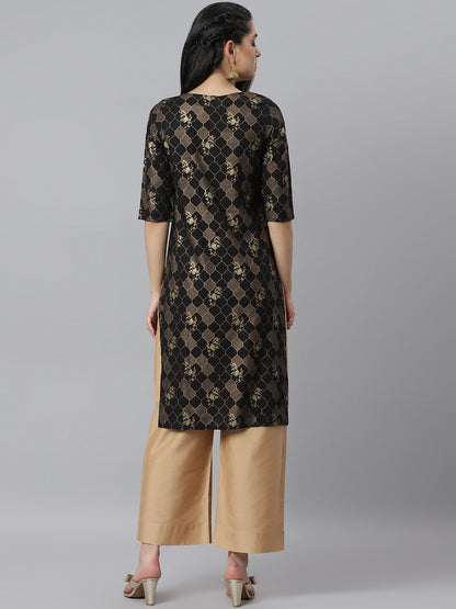 Women's Gold Print Rayon Straight Kurta (Pre-Order)