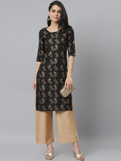 Women's Gold Print Rayon Straight Kurta (Pre-Order)