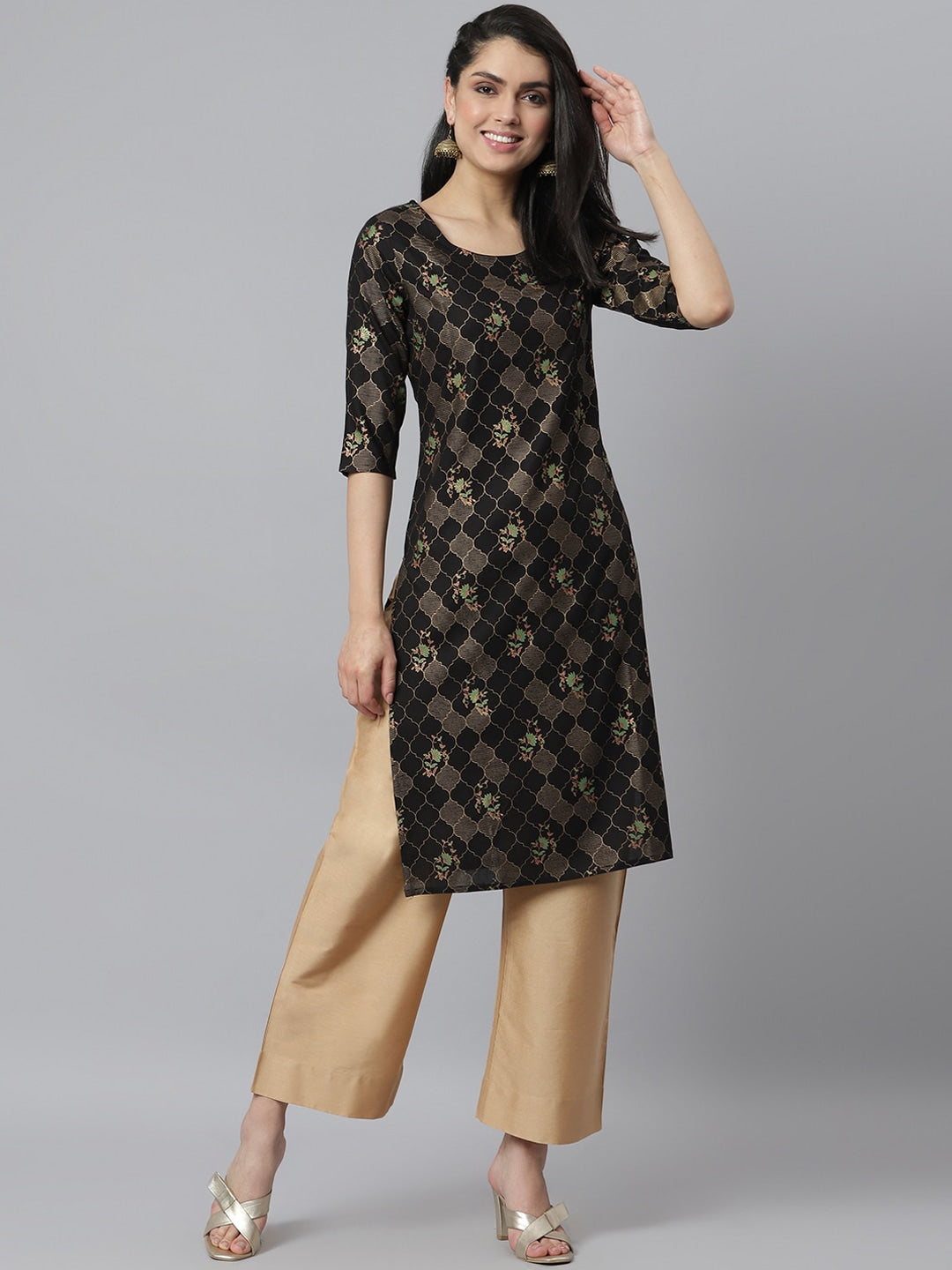 Women's Gold Print Rayon Straight Kurta (Pre-Order)
