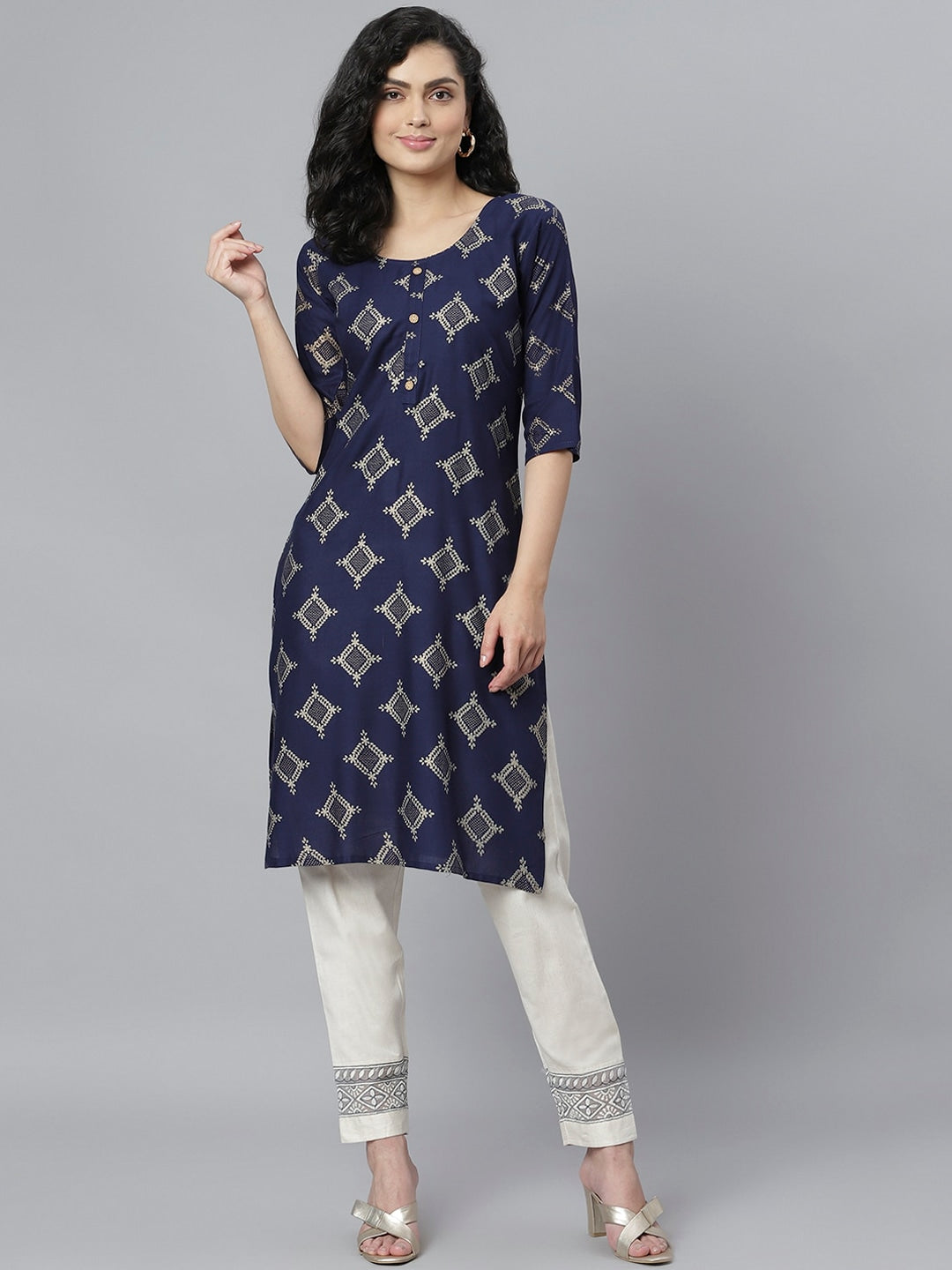 Women's Gold Printed Rayon Straight Kurta (Pre-Order)