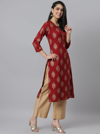 Women's Gold Printed Rayon Straight Kurta (Pre-Order)